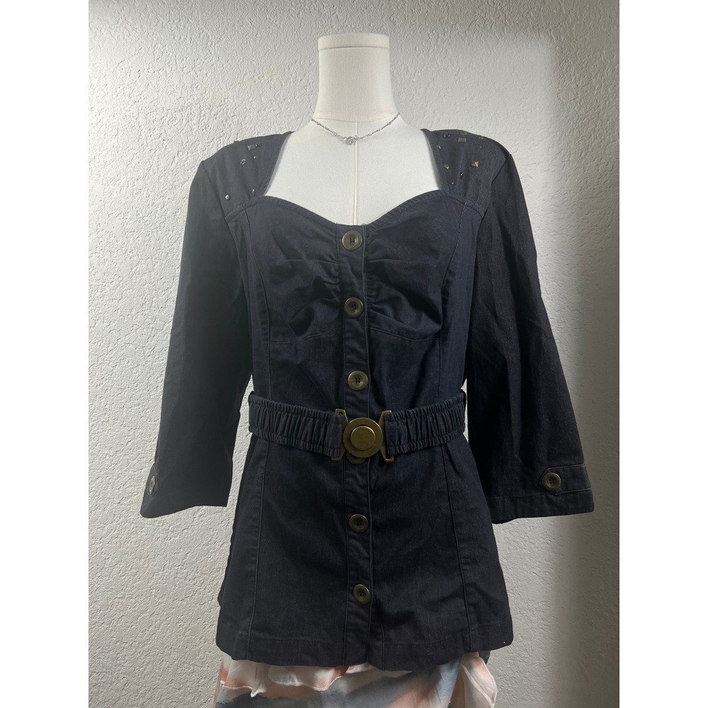 IQ Authentic Brand 2X Denim Cowgirl Top Studded Belted Dark Wash Y2K Moto